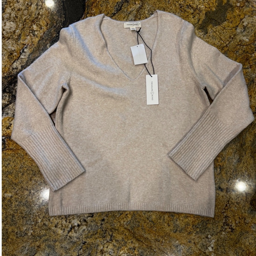 Treasure & Bond Womens V-Neck Sweater Beige Oatmeal Heather TB436690MI Medium